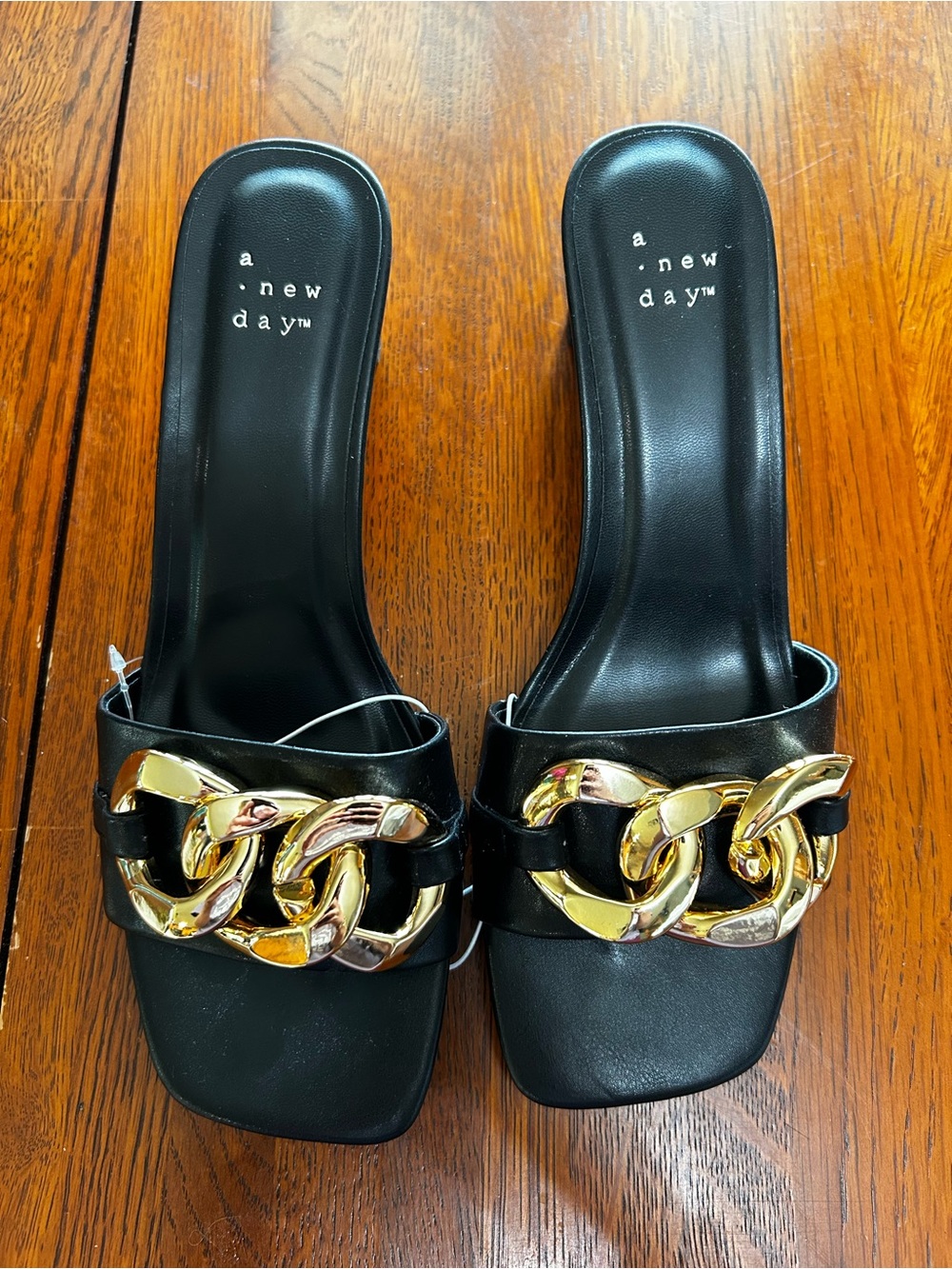 a new day Black Slide Sandals with Gold Chain Detail BRAND NEW